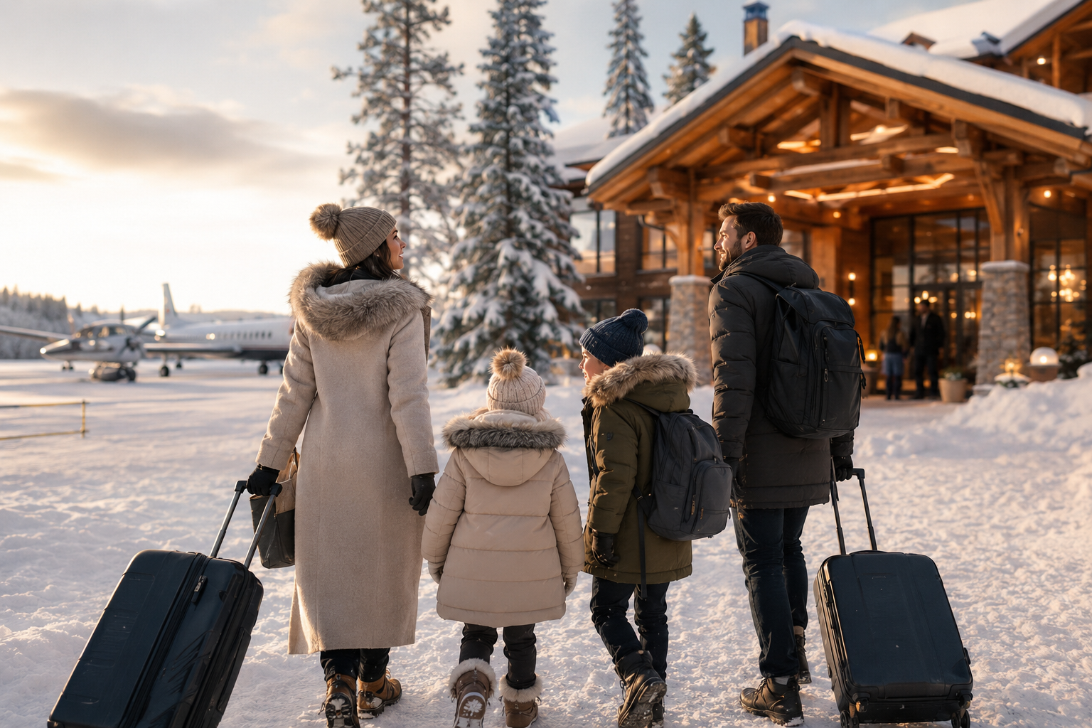 Familia llegando a Laponia junto a un resort rodeado de nieve