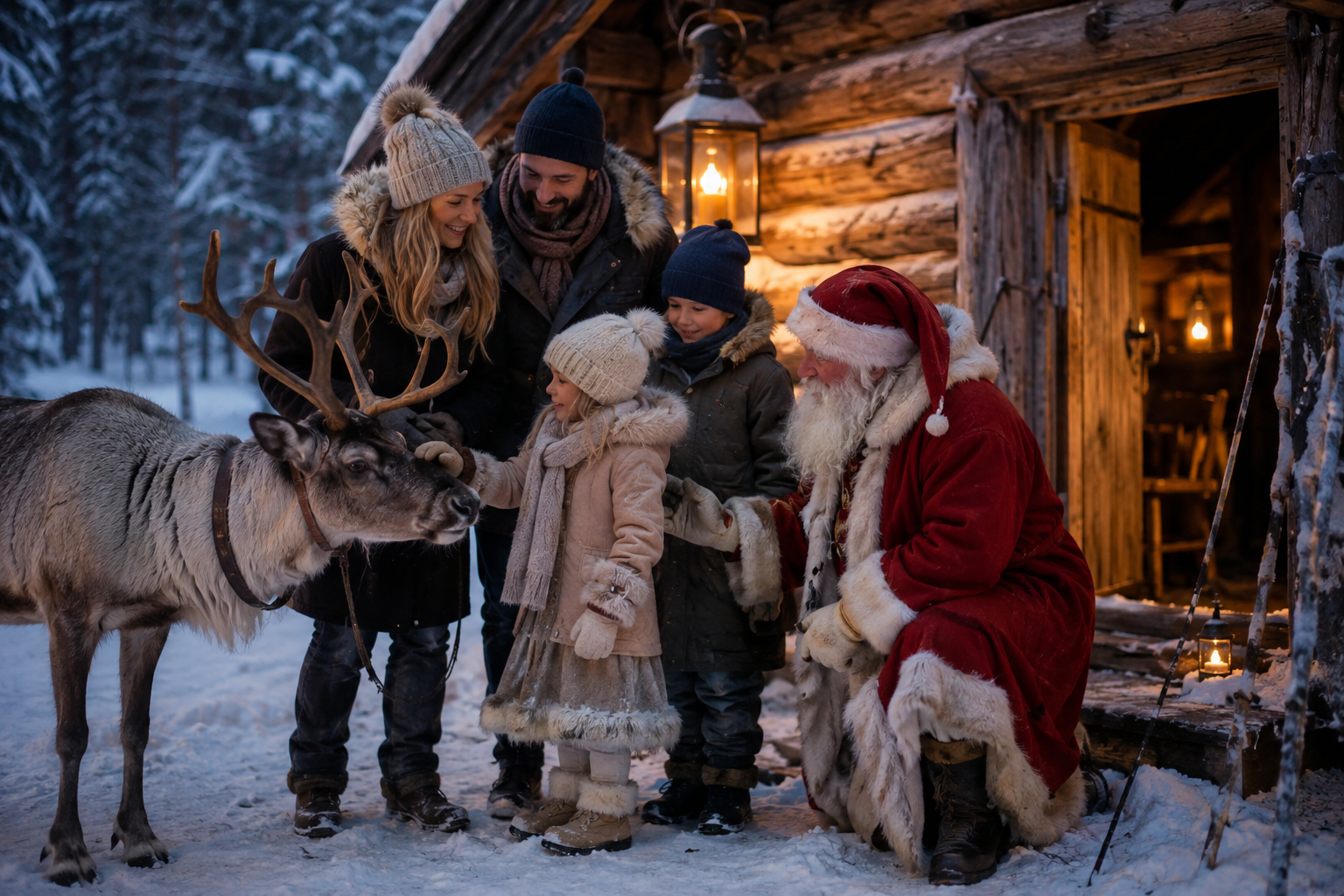 Familia con renos y Santa Claus en una cabaña nevada