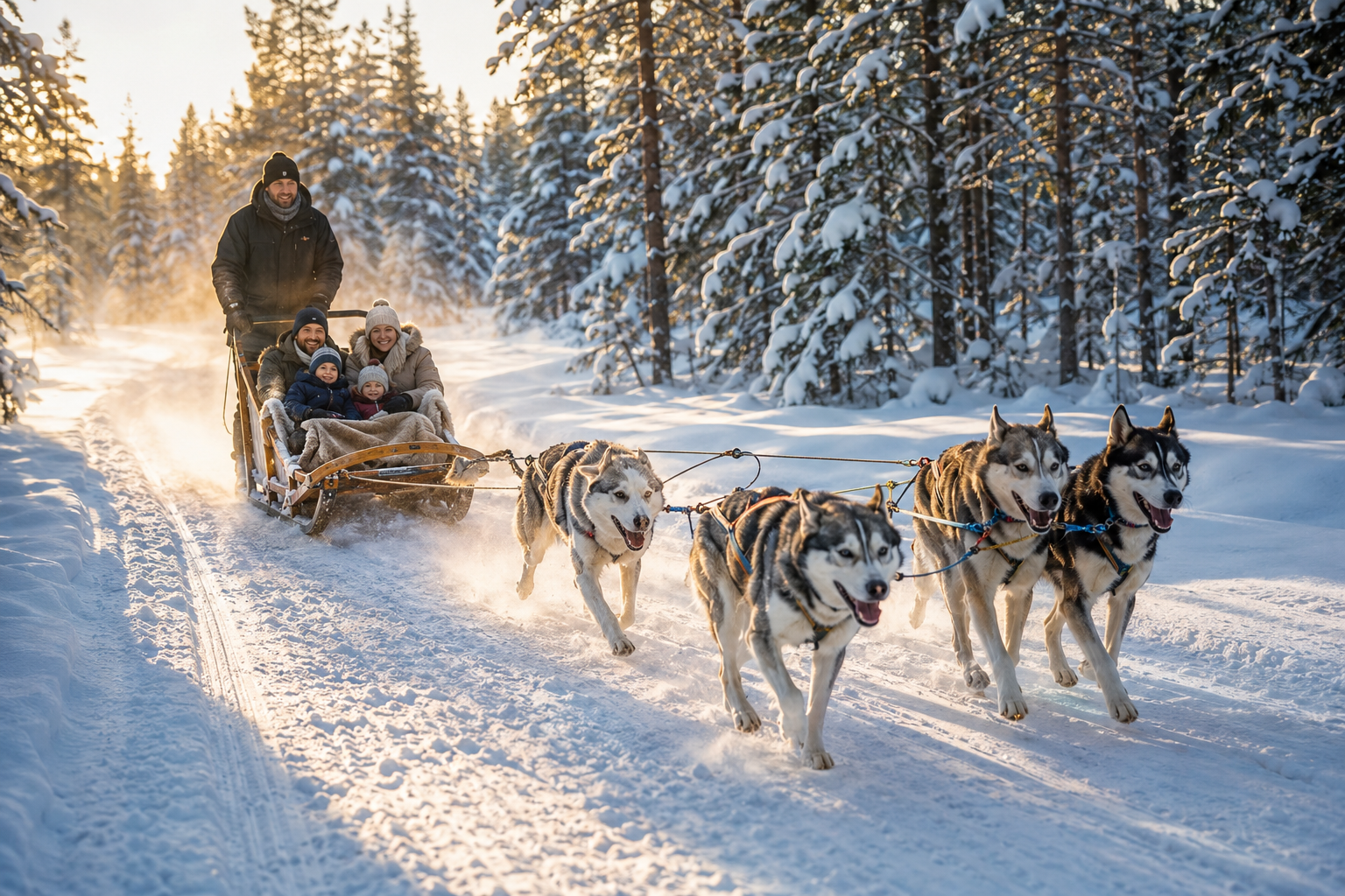 Familia en un trineo de perros árticos por un bosque nevado