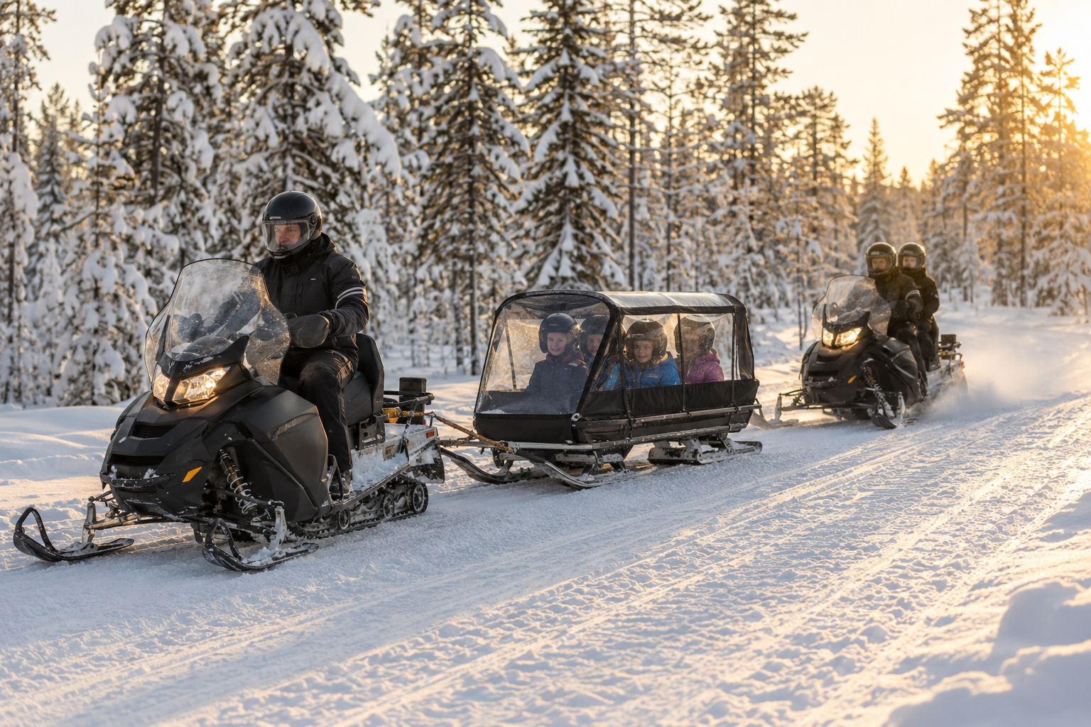 Familia durante un safari en motos de nieve con niños en un trineo guiado