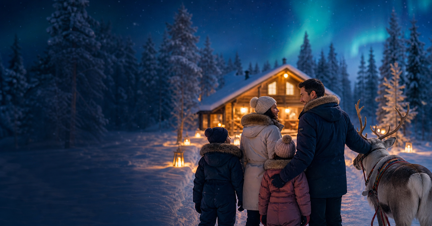 Familia en Laponia junto a un reno frente a una cabaña nevada