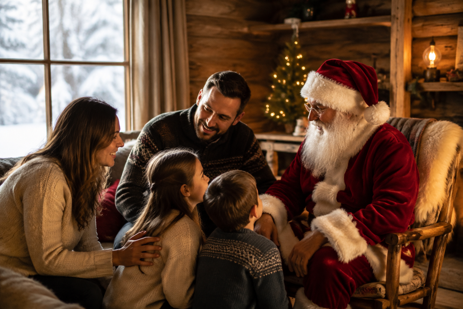 Familia reunida con Santa Claus en una cabaña de Laponia